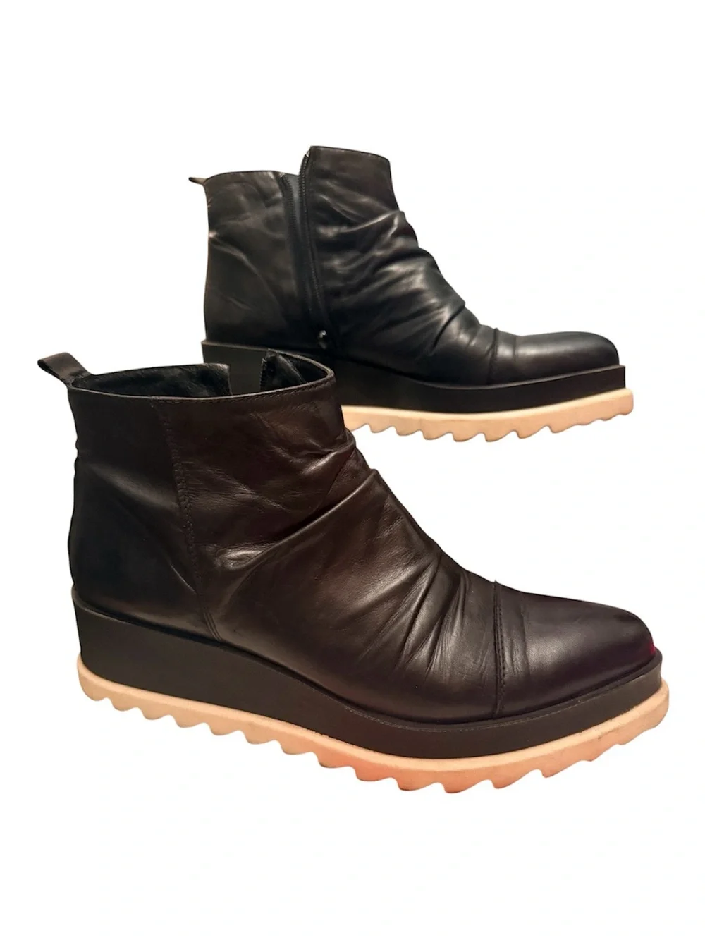 Women's Black Leather Platform Ankle Boots with Cream Lug Sole